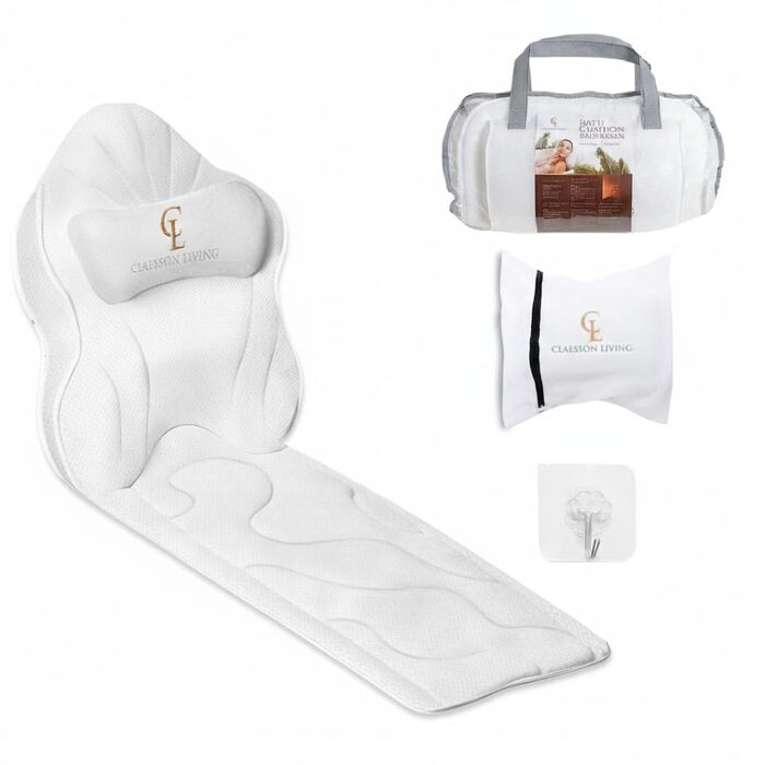 Подушка для ванни для всього тіла 126x41 см з підголовником, підтримкою для шиї, спини та ніг. Біла, тепла біла. У комплекті: мішок для прання/подорожі та гачок для сушіння.