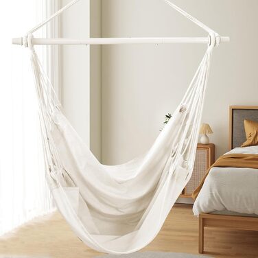 Chihee Hanging Chair Rocking Chair Hammock Chair Large Hanging Seat Patio Lawn Relaxing Cotton Fabric for High Comfort and Durability Perfect for Indoor/Outdoor Use Bedroom Terrace Yard Garden (Cream White)