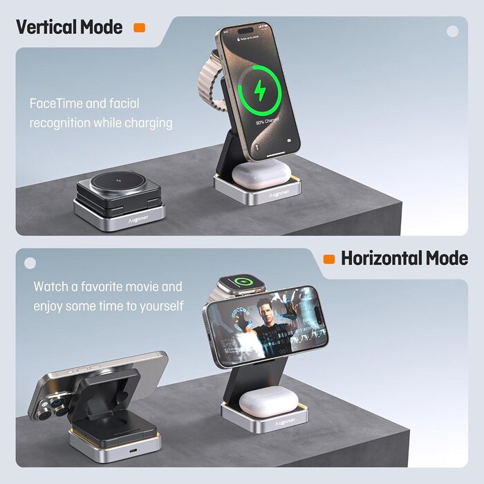 Зарядний пристрій 3-в-1 для Apple Watch та iPhone MagSafe, складна бездротова зарядка для AirPods Pro/3/2. Підходить для Apple Watch, iPhone 17/16/15/14/13. Білий (Чорний)