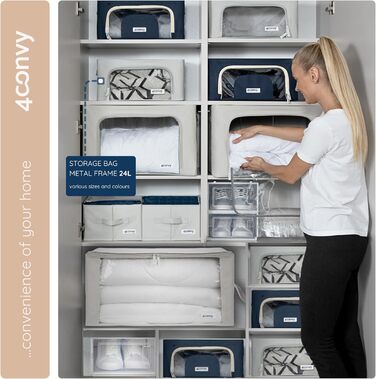 Складана коробка для зберігання одягу 4CONVY з блискавкою та металевим каркасом - покращений матеріал 2024 року. Коробка для постільної білизни, стабільна коробка для одягу, сірий колір, 3x24L