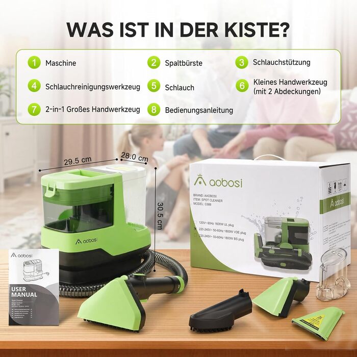 Пристрій для чищення м'яких меблів з гарячою парою та 17KPa - 1800W миючий пилосос для килимів, диванів, автомобілів та сходин - з голосовим управлінням та самоочищенням - 4 насадки, зелений середнього розміру