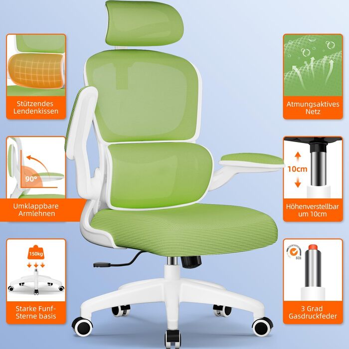 Ергономічне крісло для офісу з регульованою підголівником, підтримкою попереку та відкидними підлокітниками, крісло для начальника, 150 кг, функція гойдання до 135° (Зелений, Модель 2)