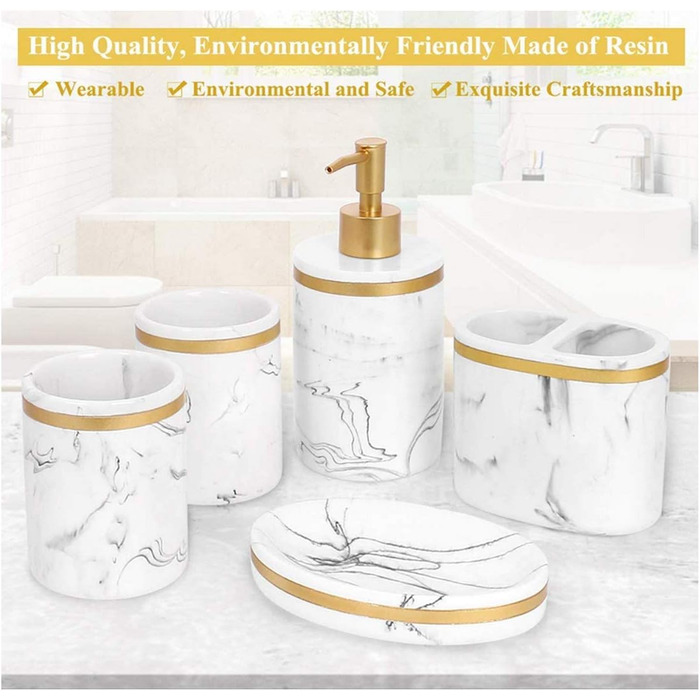 Набір аксесуарів для ванної кімнати 5 шт. з імітацією мармуру (білий + золото/чорний), включає: дозатор мила, стакан для зубної щітки, мильниця, тримач для зубних щіток, набір для ванної кімнати