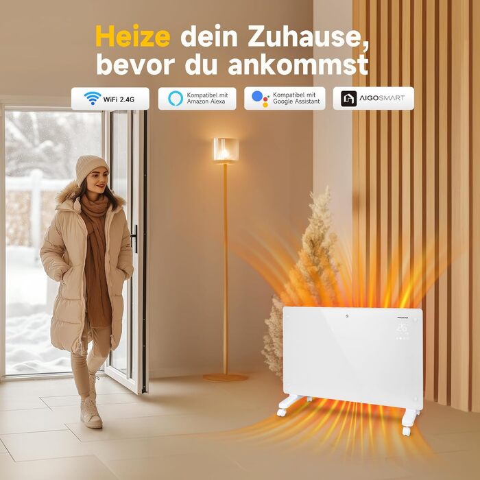 Електричний конвектор Aigostar з термостатом та Wi-Fi, 2000W, для кімнат до 30 м², чорний. Можлива установка на стіну або на підлогу.