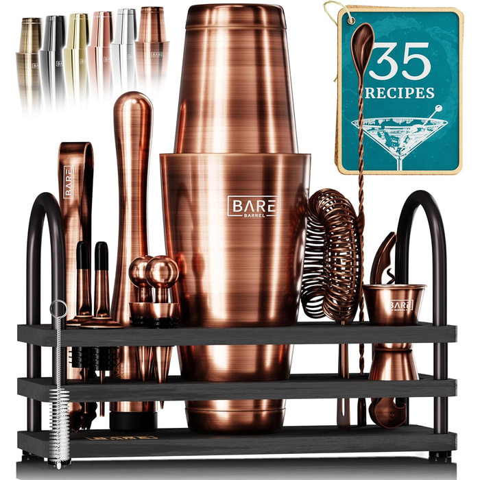 Bare Barrel Cocktail Shaker Set - 14 Piece Bar Set with Boston Shaker, Martini Accessories & Recipe Cards - Home Bartender Kit