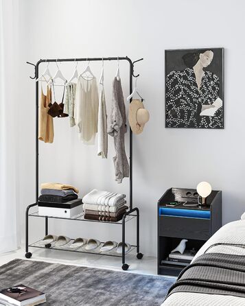 Clothes Rack with 2-Tier Shelf, 3-in-1 Design, Clothes Stand with 4 Wheels, Coat Rack with 4 Hooks for Bags, GR07499A (Black)