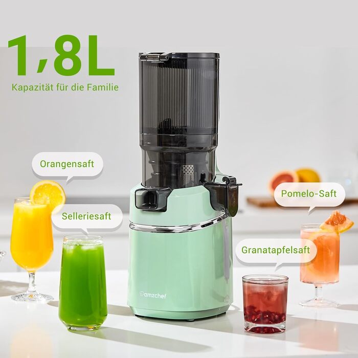 AMZCHEF 250W Automatic All-In-One Juicer, 135MM Opening and 1.8L Juicer for Vegetables and Fruit, Slow Juicer Test Winner with Triple Filter - Green