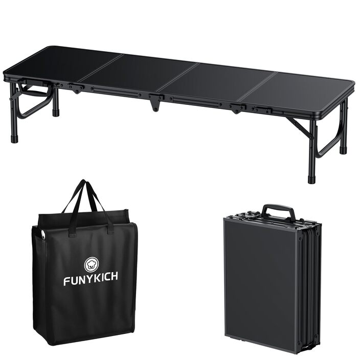 Складний кемпінговий стіл FUNYKICH 116x40x26 см, алюмінієвий, з MDF стільницею, чорний - для пікніка, пляжу, балкону