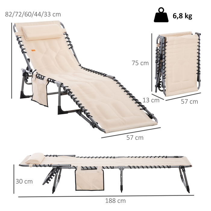 Outsunny Sun Lounger, foldable garden chair with headrest, side pocket, recliner with 5-position adjustable backrest, weather-resistant camping lounger with a weight capacity of 130 kg, for garden, beach, pool, Beige | Aosom