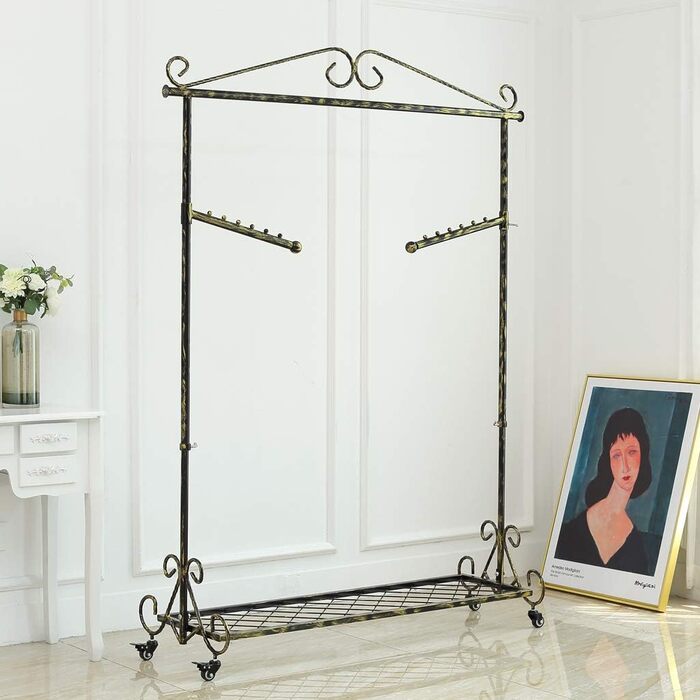 Clothes Rack Clothes Rail Coat Rack with Shoe Storage, Width 136cm, Vintage Style Metal Height Adjustable from 126 to 200 cm (Bronze Black with Wheels)