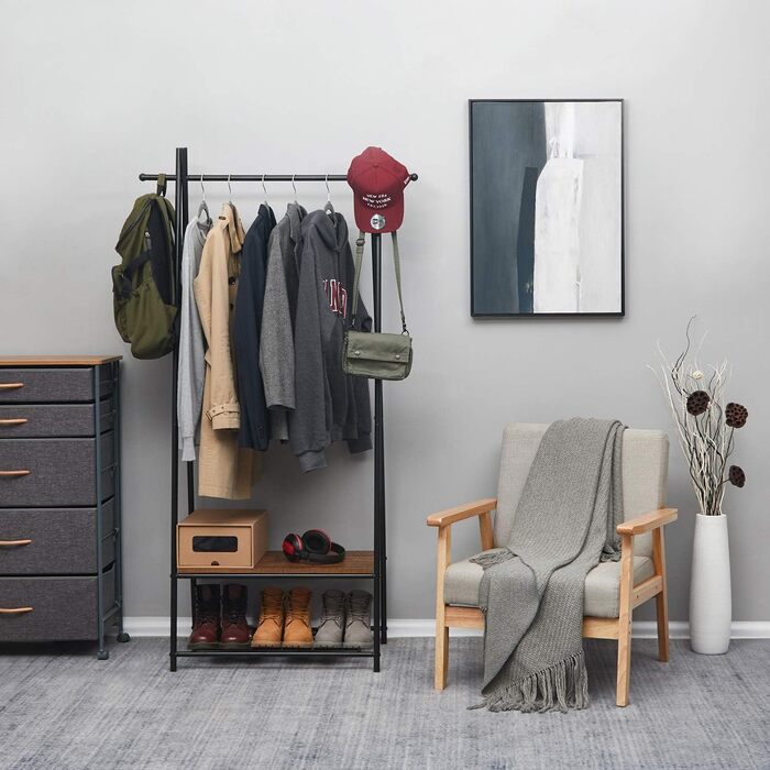 Coat rack, clothes rail, coat rack with shoe storage, metal frame, for hallway, living room and veranda, retro-industrial clothes rack, 64cm x 41cm x 162cm, retro brown-black