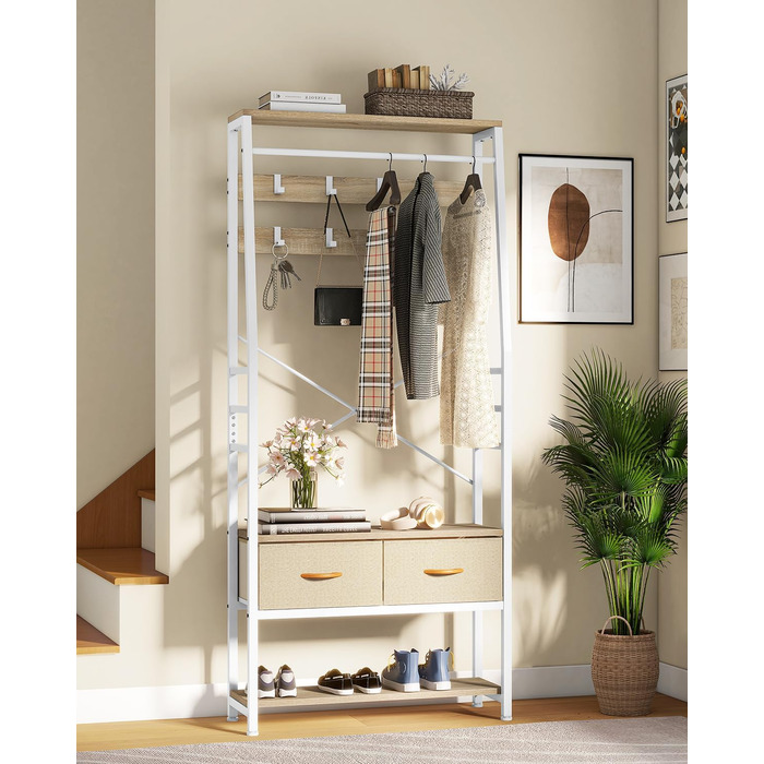 YITAHOME Entryway Bench with Shoe Cabinet, Freestanding Coat Rack with Bench and 2 Folding Drawers, Industrial Coat Rack with 8 Hooks for Entryway, Living Room, Bedroom, Metal Frame, Rustic Brown (Beige)