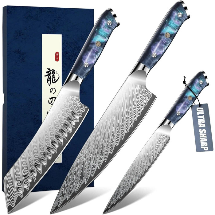 Набір кухонних ножів DRAGON RIOT 3 шт. з ергономічними дерев'яними ручками, японський кухонний набір (Kochmesser, Santoku, Allzweckmesser)