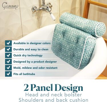 Lady McBath Bathtub Pillow – Luxury Bathtub Pillow for Tub, Neck and Back Support, Powerful Suction Cups, Machine Washable, Bathtub Accessory for Relaxation (Turquoise)