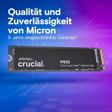 SSD Crucial P510 1TB M.2 NVMe PCIe 5.0 Gen5 з радіатором, до 11000 МБ/с читання, 9500 МБ/с запис, для ПК та PS5