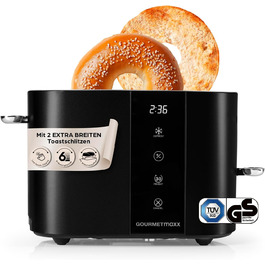 Тостер GOURMETmaxx Kurzschlitz для 2 тостів | Тостер антрацитового кольору з 6 рівнями підсмажування та таймером | Електричний тостер з сенсорним дисплеєм, насадкою для бургерів та функцією підігріву