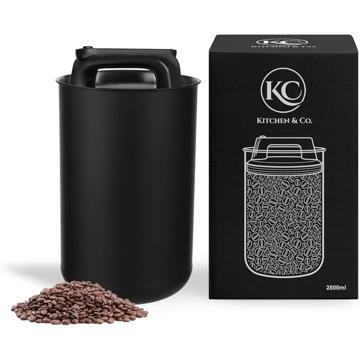 Кейсі для кави KC Kitchen & Co. – герметичний контейнер для 1 кг кавових зерен з нержавіючої сталі з вакуумним кришкою та захистом аромату – для кави, чаю, цукру, мюслі, чорний матовий (2800 мл)