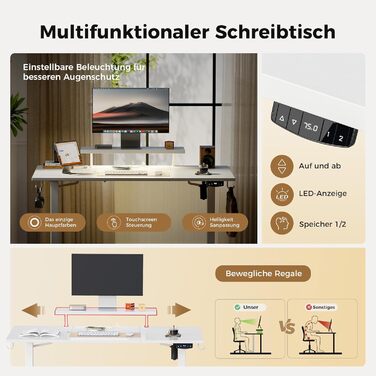 Електричний регульований стіл Agilestic 140x60 см з LED-підсвіткою, USB-портом та мобільним тримачем монітора, білий
