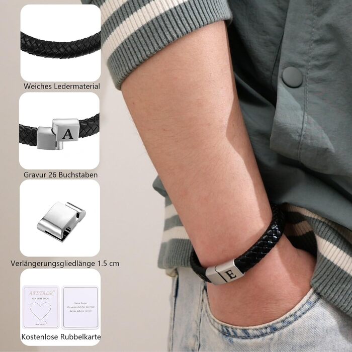 Чоловічий шкіряний браслет Lederarmband з гравіюванням літер A-Z, магнітний замок, персоналізований браслет для чоловіків, подарунок (Чорний-Y)