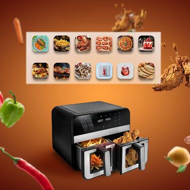 Фритюрниця повітряна LEHMANN з 2 камерами, 9л, 2400 Вт, AirFryer XXL з 12 програмами, до 200°C, WiFi, без олії, з технологією Air Fry – гриль, випічка, ферментація, дегідратація