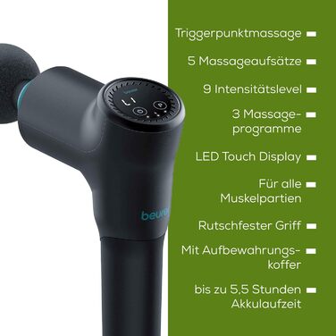 Beurer MG 99 Massage Gun - Percussion Muscle Massager with 4 Attachments, 5 Intensity Levels & Rechargeable Battery (Pro Edition)