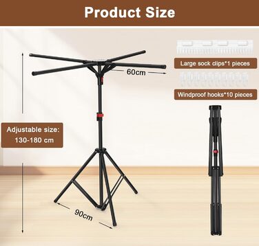 Сушарка для білизни Standtrockner з 4 крилами, 10 гачків та кліпсою для шкарпеток. Складана, регульована по висоті, для дому, балкону, кемпінгу (чорний)