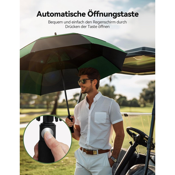 TECKNET Головний парасолька великий XXL, гольф-парасолька 173 см, стійкий до вітру, подвійний купол, вентильований, автоматичне відкриття, ручка EVA, для жінок та чоловіків (чорний та зелений, 150 см)