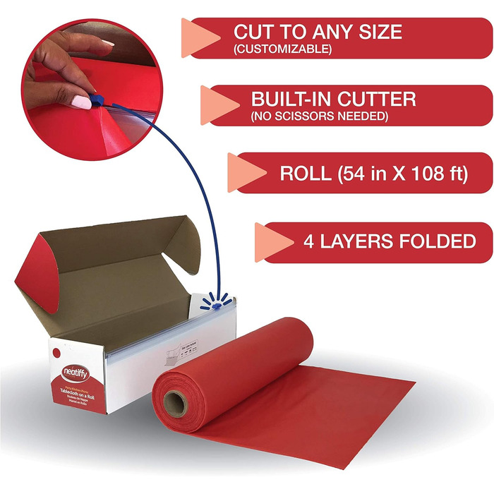 Neatiffy 137 cm x 30 m Disposable Plastic Tablecloth, for Party/Banquet, Tablecloths for Rectangular/Round/Square Tables, Equivalent to 12 Picnic Packs (red)
