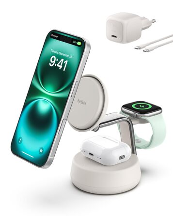 Беспроводное зарядное устройство Belkin UltraCharge Pro Qi2 3-в-1, 25W, MagSafe сумісне для iPhone, Apple Watch, AirPods, адаптер 45W, пісочний колір