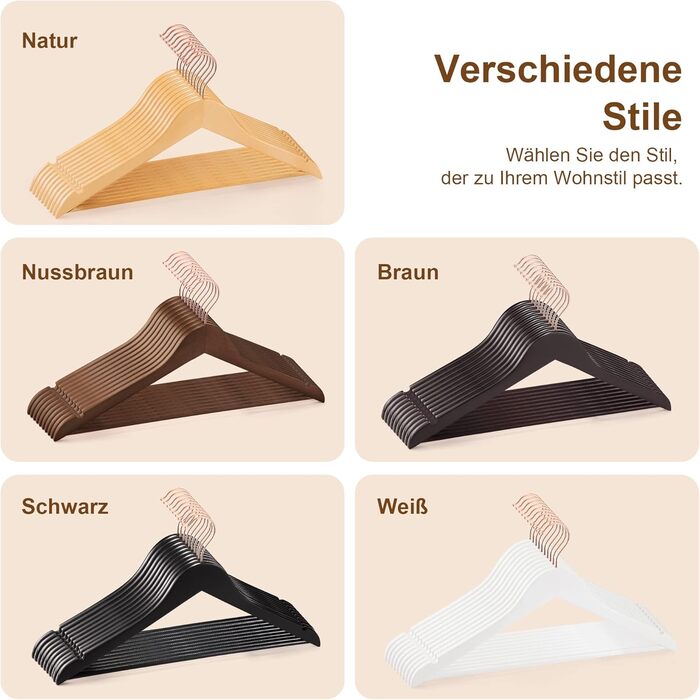 HOUSE DAY Wooden Clothes Hangers, 32 Pack, Walnut Wood Hangers, Walnut Clothes Hangers, Wooden Hangers, Clothes Hangers, Stable Clothes Hangers, Swivel Clothes Hangers, 44.5cm Wide, with Notch, Roségold Hook