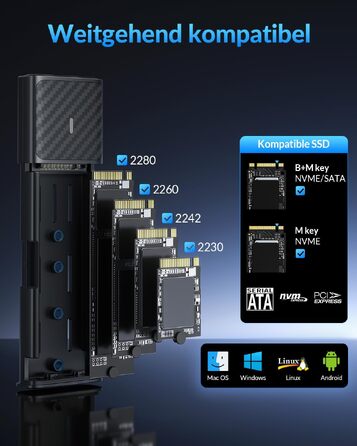 Зовнішній корпус для M.2 SSD SETMSPACE NVMe та SATA, алюмінієвий адаптер USB для M-Key та B&M-Key, безінструментальна збірка, сірий