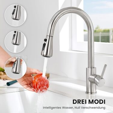 Кран кухонний CECIPA з 3 режимами, висувна лійка, поворотний на 360°, з високим виливом, нержавіюча сталь, з однією ручкою