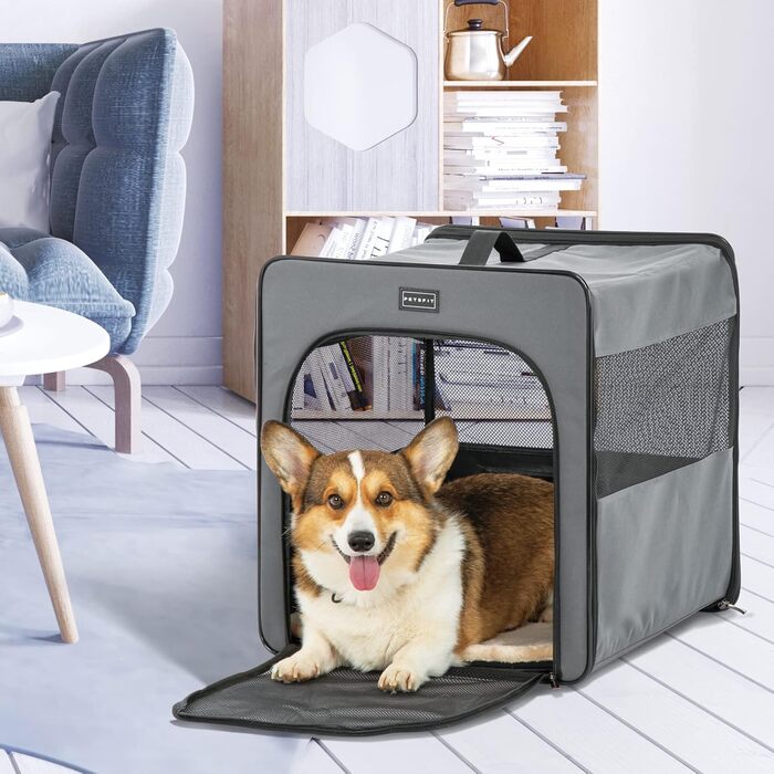 Транспортна переноска для собак Petsfit, сіра, M (61x46x53.5 см) з м'якою підстилкою