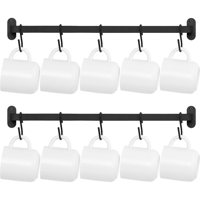 Dahey Mug Holders, Wall Mounts, Metal Coffee Cup Hangers with 10 Cup Hooks, Cup Display Shelf, Rustic Utensil Cup, Storage Organizer for Kitchen, Dining Room, 2-Piece Set, Black