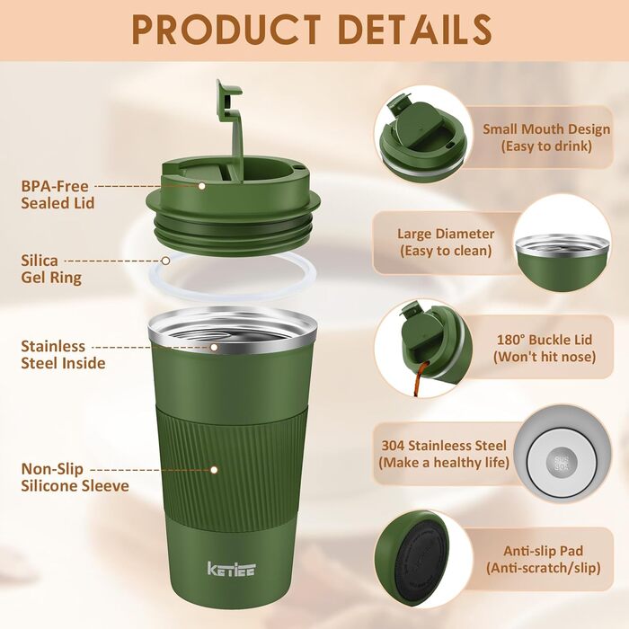 Термокружка KETIEE 510мл, з подвійними стінками, для кави та чаю, оливковий колір