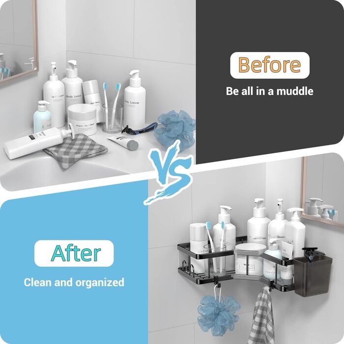 Поличка для душу без свердління, чорна, кутова, 2 шт. Трикутні кошики для душу, органайзер для ванної кімнати з 4 гачками, аксесуари для душу, тримач для шампуню в душ для ванної кімнати