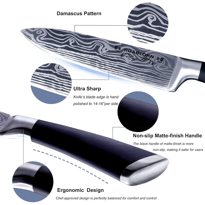 Набір кухонних ножів HOABLORN з дерев'яним блоком: професійний набір ножів для дому, кухні, приготування їжі, подарунок на весілля або новосілля