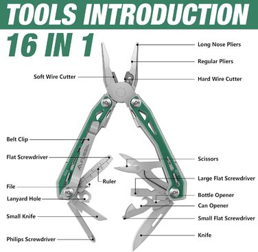 Мультитул FLISSA 16-в-1: мультиінструмент з нержавіючої сталі з ножем, ножицями, пилкою, відкривачкою для пляшок. Ідеально для кемпінгу, відпочинку на природі та ремонту. У комплекті сумка. Матовий зелений.