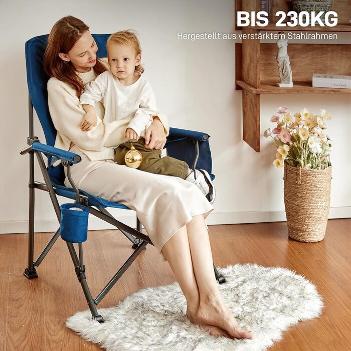 Крісло для кемпінгу EVER ADVANCED складне, 230 кг, XL, широке сидіння 62 см, з кишенею та тримачем для напоїв, для відпочинку на природі, риболовлі, балкону, саду (блакитне, підтримка попереку)