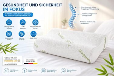 Ортопедична подушка з ефектом пам'яті (Memory Foam) з бамбуковим чохлом, ергономічна підтримка шиї для будь-якої пози сну, біла, 60x40x12/10 см