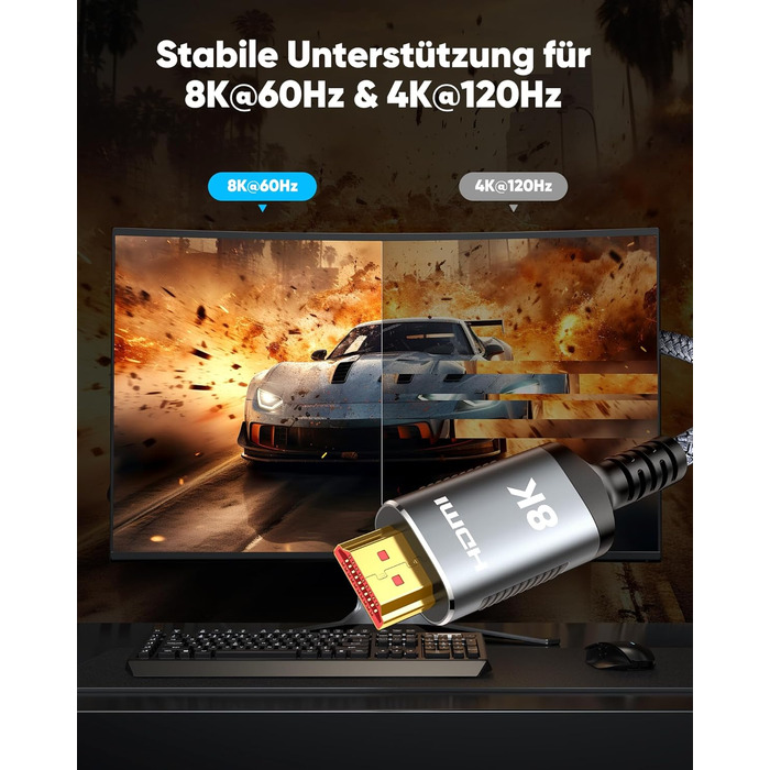HDMI кабель Highwings 8K 3 метри, HDMI 2.1, 48Gbps, Ultra Highspeed, 8K@60Hz, 4K@120Hz, HDR10, eARC, DTS:X, 3D, HDCP 2.2/2.3, сумісний з PS5/PS4/PS3, HDTV, Blu-ray Player
