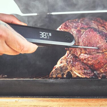 Burnhard Instant-Read Thermometer, Folding, Grill Thermometer + Leather Protective Case, Roast Thermometer, Ultra-Fast Measurement, 1.5mm Probe, 180° Invisible-Off LED Display, USB Rechargeable