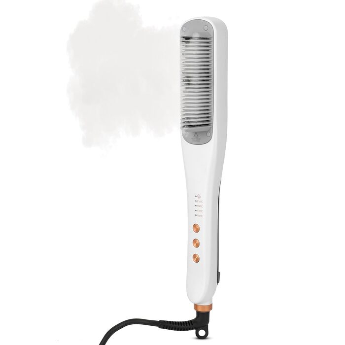 Випрямляч для волосся щіткою з підігрівом, білий | 3 температурні режими, швидкий нагрів (30с), захист від перегріву, для всіх типів волосся