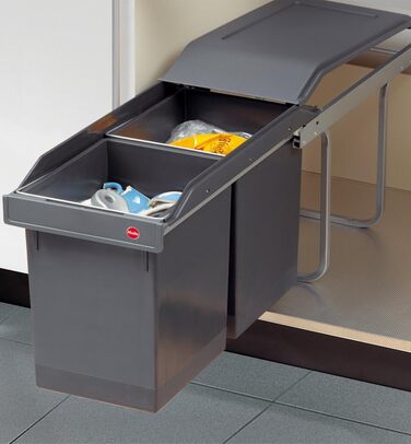 Відро для сміття Hailo Tandem 3650103 | Вбудований контейнер для сміття 2 секції з 50 мішками | для шаф шириною від 300 мм | Зручний висувний механізм на роликових направленнях | Сріблястий та антрацитовий пластик 3650101