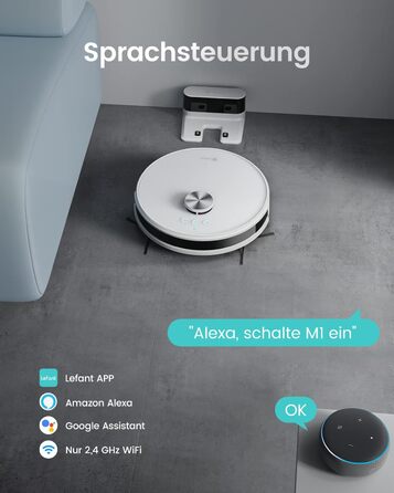 Робот-пилосос LEFANT M1 з функцією миття, картографуванням, 5500Pa, для тварин та твердих поверхонь, керування через додаток/Alexa, білий