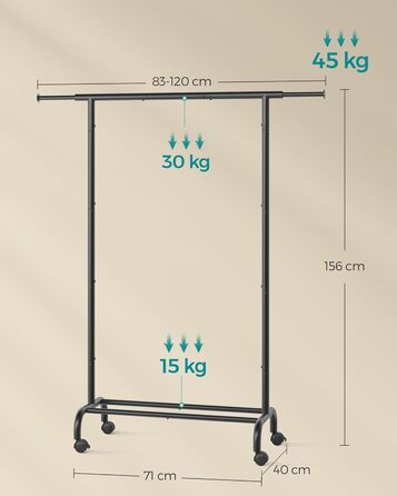 SONGMICS Clothes Rack with Wheels, Extendable Clothes Rod, Garment Rack made of Steel Pipes, Elevated Storage Rod, 40 x (83-120) x 156 cm, Cloud White HSR134W01 (Ink Black)