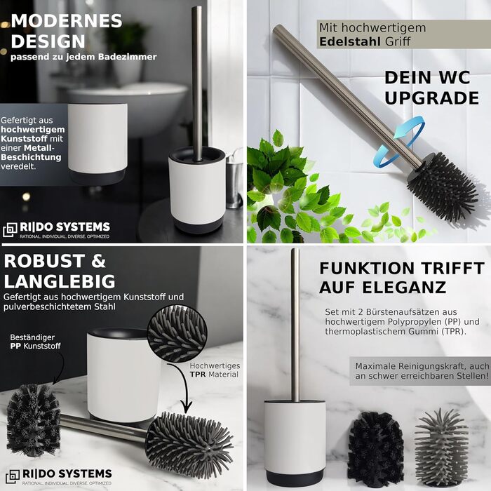 Набір для чищення унітазу з ручкою з нержавіючої сталі - 2 насадки, для ванної кімнати, гігієнічний, антибактеріальний