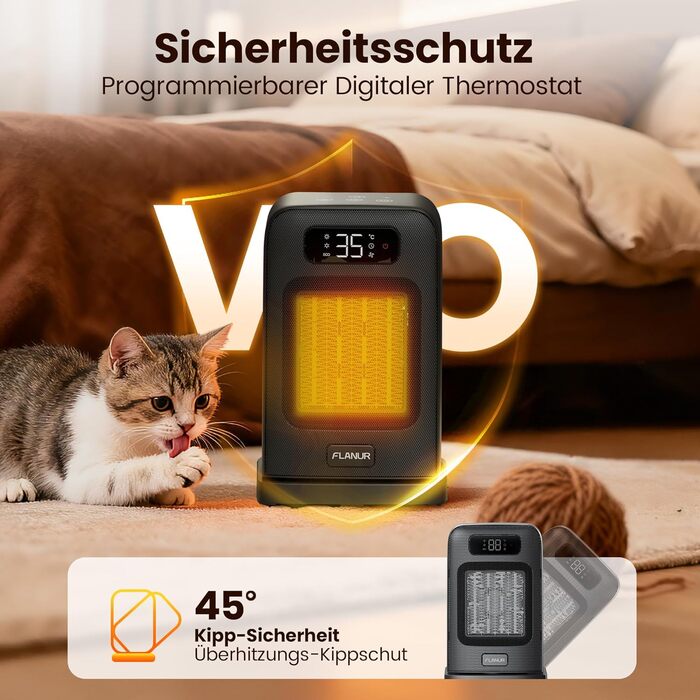 Електричний обігрівач 1500W з PTC керамічним нагрівачем, тихий, з термостатом та пультом дистанційного керування, ECO режим, 70° осциляція, 12h таймер, захист від перегріву та перекидання, чорний, 26 см