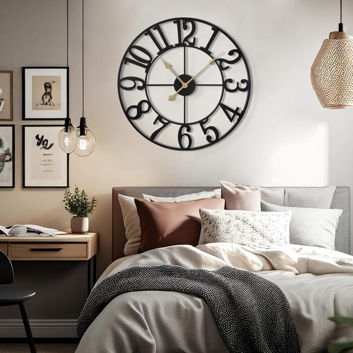 HAITANG Large Vintage Wall Clock, round, metal silent (no ticking), battery-powered, 40cm, 16 inch Roman numerals, clocks for living room, bedroom, kitchen wall clock decoration (Black Arabic numerals, 40 Cm)