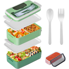 Anykuu Lunchbox 1600ML Lunchbox with 2-4 Flexible Compartments Bento Box with Spoon, Fork & Spice Box Lunchbox for Kids for Microwave, Dishwasher Lunchbox Kids for School, Work, Picnic, Green